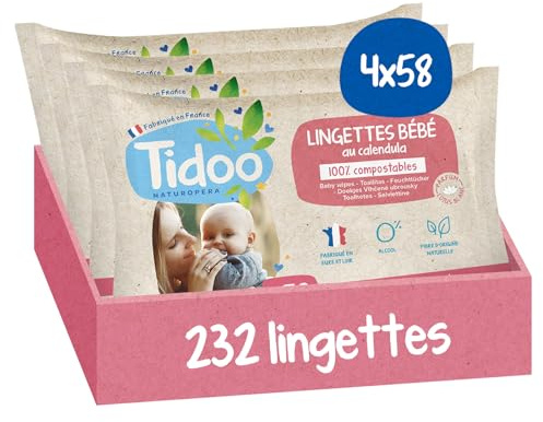 TIDOO- Lingette Bébé à l'Extrait de Calendula Bio et Aloe Vera - Lingettes Nettoyantes Sans Alcool Made in France - Soin Bébé Peaux Normales & Fragiles - 4x58 Lingettes Nettoyantes au Calendula