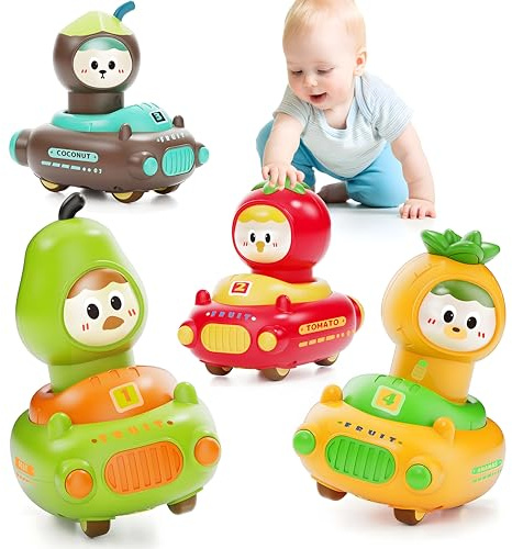 MOONTOY Jouet Voiture Bebe 1 an, Lot de 4 Fruit Voiture Enfant Jouet Bebe 1 an, Press and Go Cars éducation Précoce Push and Go Cars Cadeau Garcon Fille 10 12 18 Mois, 1 2 3 Ans Jeux Exterieur Enfant