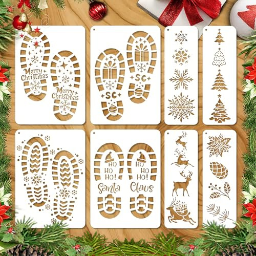 8 Stück Weihnachts Schablonen Set mit Fußabdruck Designs Wiederverwendbare Malschablonen mit Santa Spuren Schneeflocken Rentieren und Tannenbäumen für DIY Deko auf Boden Fenster Karten und Stoff