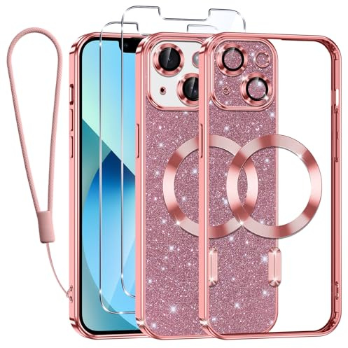 Tikfrlo Glitter Magnétique Coque pour iPhone 13 avec Cordon, Compatible avec MagSafe Antichoc Brillant Paillette Housse Étui Transparent Protection Case avec 2 Verre Trempé pour Femme et Fillese Rose