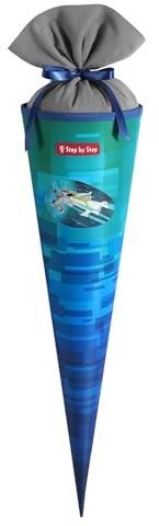 Step by Step Schultüte „Space Craft Spike“, blau-grün, passend zum Schulranzen, aus recycelten PET-Flaschen, Verschluss aus Stoff, 5 l Füllvolumen, 70 cm Höhe