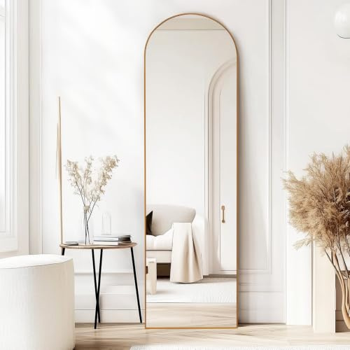 CROWNSHOP Full Length Mirrors 160x50cm Free Standing Arched Aluminium Alloy Tempered Glass Floor Mirror Wall Full Body Large Hanging Mirror For Hallway, Living Room, Bedroom (160x50cm-Gold)