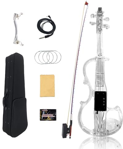 Conboxus Violín eléctrico de 4 cuerdas acrílico transparente 4/4 tamaño completo con luces LED de tres colores, arco, mentón, reposamuñecas, cable y funda para principiantes (mitad #8)