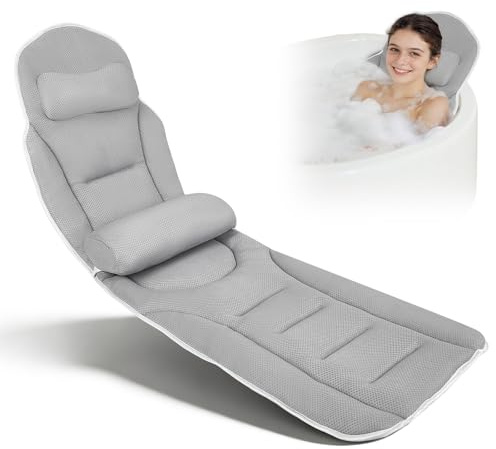 Badewannenkissen Ganzkörper 131 * 38cm, Badekissen mit Kopfstütze und Abnehmbares Taillenkissen, Kissen für Badewanne mit Hängehaken, Unterstützt Nacken Rücken, Schnelltrocknend, Hautfreundlich(Grau)
