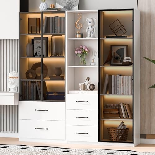 BTM Vitrine und Bücherregal mit Glastüren, Hochschrank Staubdichter Glasvitrine Stehend Vitrinenschrank mit LED Beleuchtung, Weiß