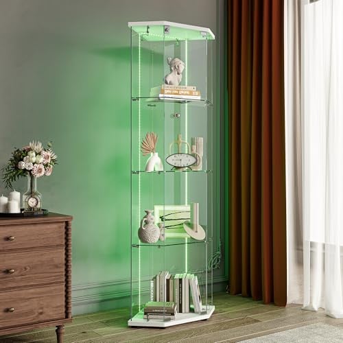 JiaOyu Eckvitrine mit Glastüren, 4 Farben Vitrinenschrank mit LED Beleuchtung und Schloss, Eckschrank großer Mehrzweckschrank Eckregal Standregal für Wohnzimmer Büro (Weiß+Lichtstreifen, Eckschrank)