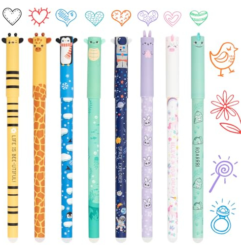 Zouwel Radierbare Stifte, Gelstifte Radierbar mit Tiermotiven (black) | 8er Set Spitze Radierbarer Kugelschreiber für Schule & Bürobedarf