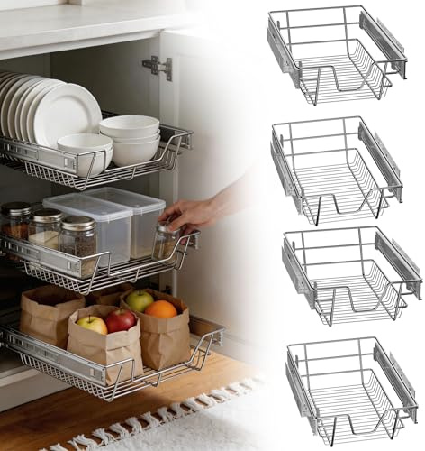 UISEBRT Teleskopschublade Küchenschrankauszug,Küchenschublade Schubladeneinsatz Vollauszug für 37cm (Innenbreite) / 40cm (Außenbreite) Schrankbreite,Belastbar bis 20kg, Silber 4er Set