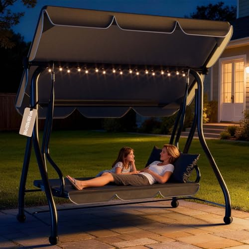 Soontrans Hollywoodschaukel mit Liegefunktion 3-Sitzer für Terrasse Garten Entspannung, 184 x 120 x 160 cm, 2-in-1 Gartenschaukel und Gartenliege mit Polsterauflage & Sonnendach & Sitzkissen(Anthrazit