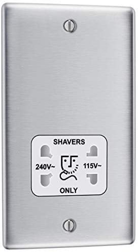 BG Electrical Dual Voltage Shaver Plug Socket, Electric Toothbrush Charger Socket, Bathroom, Raised and Slim Profile, Round Edges, Nexus Metal, 2-Pin, Brushed Steel, White Inserts, 115V / 240V, NBS20W