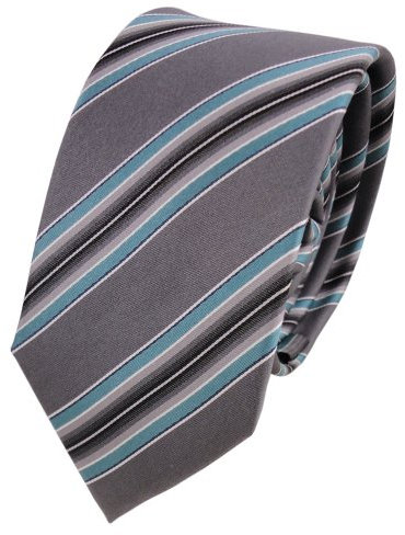 TigerTie Schmale Designer Seidenkrawatte grau anthrazit türkis gestreift - Krawatte Seide