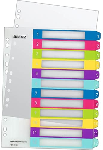 Leitz Register für A4, PC-beschriftbares Deckblatt und 12 Trennblätter, Taben mit Zahlenaufdruck 1-12, Überbreite, Mehrfarbig, Polypropylen, WOW, 12440000