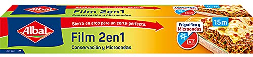 Albal Film Transparente 15 Metros 2 en 1 para Frigorífico y Microondas, Papel Film, Muy resistente, Muy Adherente, Muy Fácil de Cortar, Sierra en Arco