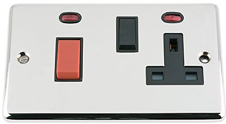 Cooker Control Unit 2 Neon Indicators - Polished Chrome Classic - Black Insert - 45A Switch with 13A Socket