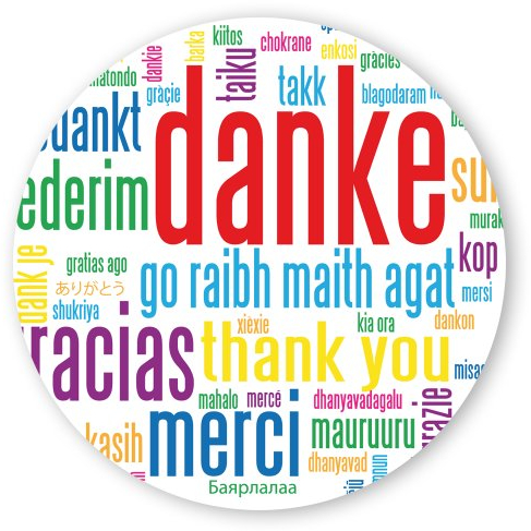 Geschenk-Aufkleber Danke in verschiedenen Sprachen, rund Ø 30mm selbstklebende PE-Folie, 100 Stück auf Rolle