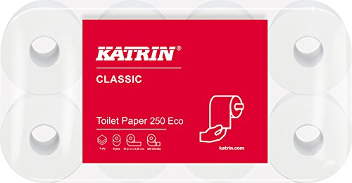Katrin Toilettenpapier 3 lagig, Klopapier, WC Papier – Katrin Classic Toilet 250 ECO – 9 x 8 Rollen, ökologisch, weiß