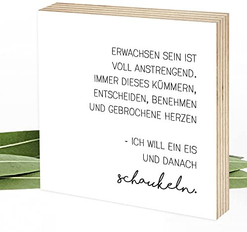 Wunderpixel® Holzbild Erwachsen sein ist voll anstrengend - 15x15x2cm zum Hinstellen/Aufhängen, echter Fotodruck mit Spruch auf Holz - schwarz-weißes Wand-Bild Aufsteller Dekoration oder Geschenk