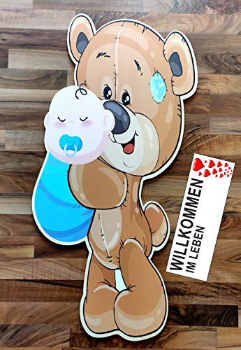 100x50 cm - Bär mit Baby JUNGE im Arm & Beschriftungstafel für draußen Geburt - Babystorch Alternative Storch-Holz Klapperstorch Holzstorch BLAU Set