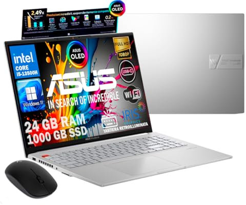 ASUS Notebok Vivobook OLED Display FULL HD 15.6 1920x1080, Cpu iNTEL I5 13500H, 10 Core, Ram 24Gb, SSD 1Tb Nvme, Win11, wi-fi 6, webcam, Usb3.2, Hdmi, Bt5.3, Tastiera retroilluminata, MOUSE OMAGGIO