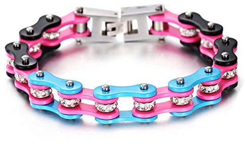 Bracciale Catena Moto in Acciaio Inossidabile Fluo Azzurro e Rosa – Desja Gioielli – Braccialetto Motociclista Uomo e Donna Anallergico con Shopper e Custodia in Omaggio – Idea Regalo Originale