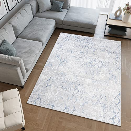 TAPISO Sky Teppich Kurzflor Modern Creme Grau Blau Karo Geometrisch Gitter Design Meliert Wohnzimmer Schlafzimmer 3D Optik ÖKOTEX 300 x 400 cm