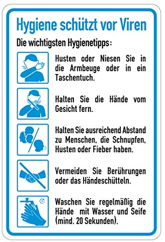 Hinweisschild Verhaltensregeln Aufkleber Hygiene schützt vor Viren, Folie selbstklebend, 135 x 200 mm Hygieneplan