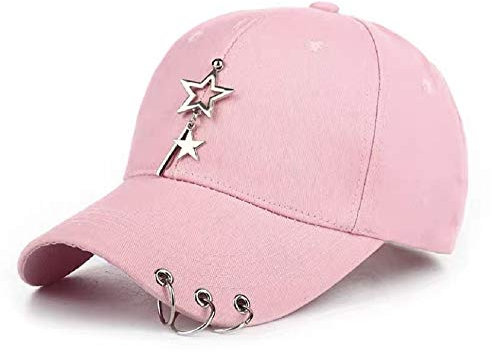 ARAWARA Unisex Schwarz Fitted Cap K-Pop Cap Baseball Cap mit Ringkette Metallic Cap Einzigartige Kappe Kappe mit Stern, Pink, M