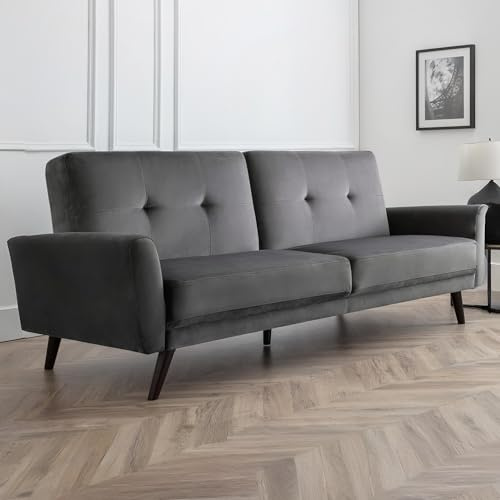 Julian Bowen Monza Sofa Bed, 3 Seater, Velvet, Dark Grey - D81 x W223cm | Scandi Convertible Guest Bed, Easy Sofa-To-Bed Conversion, Space-Saving Design