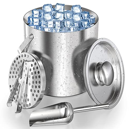 Ice Bucket, Homeasy Ice Bucket for Home Bar 3L Stainless Steel Double Wall Bar Ice Bucket Set with Lid, Tongs, Scoop and Strainer Keeps Ice Cold & Dry Great for Bar, Party, Beer, Champagne and Wine