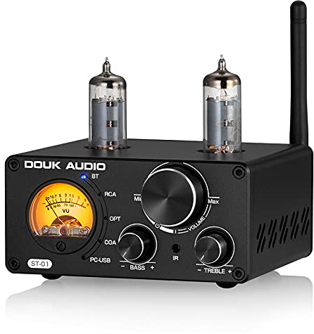Douk Audio ST-01 HiFi Bluetooth 5.0 - Amplificador de tubo (2 canales, amplificador de tubos, 200 W, mini amplificador, USB, DAC, coaxial, óptico, digital, amplificador de audio con VU metros)