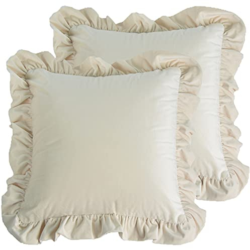 Jemiipee Dekorative Kissenbezug aus Samt 2er Set Einfarbig Kissenhülle Sofa Büro Decor Kissenbezüge Shabby Chic Samtkissenbezug mit Rüschen 50x50 cm für Dekokissen Sofakissen Couchkissen, Beige