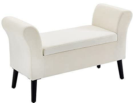 HOMCOM Baúl de Almacenaje para Dormitorio Banco de Almacenamiento con Tapa Abatible Reposabrazos y Patas de Madera para Salón 111,5x41x65 cm Crema