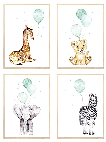 MeinBaby123® Bilder Kinderzimmer | 3er Set DIN A4 Poster Set | Wandbilder | Tiere Luftballon | Deko Bilder Kinderzimmer | Babyzimmer Deko | Wandposter Premium (Tiere & Luftballons mint)