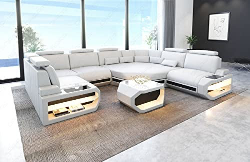 Wohnlandschaft Asti Mini Ledersofa Couch in Leder - Sofa mit USB und Kopfstützen (Große Ecke rechts (auf Sofa blickend), Weiss-Schwarz)