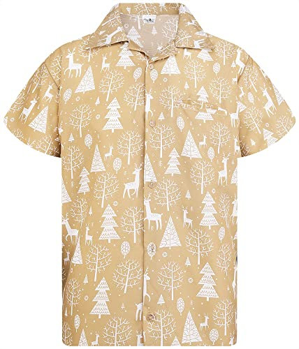 King Kameha Funky-Hawaii-Hemd, Weihnachten, Herren, Kurzarm, Christmas-Reindeer-Allover, Khaki, 4XL