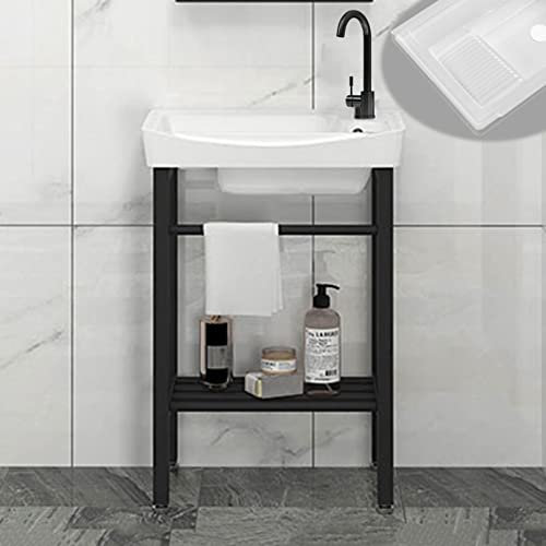 Évier de Salle de Bains Blanc Lavabo en Céramique avec Robinet,Évier Sur Pied avec Meuble sous-lavabo,évier Meuble ,INOX Support, for Vestiaire Évier de Cuisine Commercial Maison Intérieur Extérieur (
