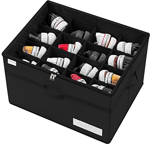 LUVHOMEE Contenedores Organizador de Zapatos Armario, Caben 16 Pares, Cajas de Almacenamiento para Zapatos, Cubos Transparente para Guarda Zapatos, Ahorra Espacio Cajones para Zapatos con Asas, Negro