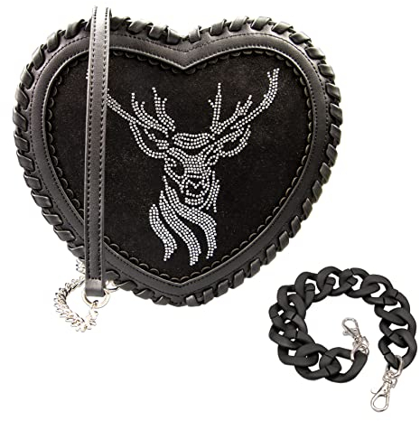 Alpenflüstern Trachten-Herzhandtasche Strasshirsch - Damen Trachten Handtasche, Schultertasche fürs Dirndl, Tasche zur Tracht, Dirndltasche (schwarz) DTA096