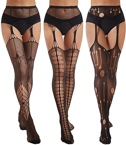 MANZI 3 Paar Halloween Strapstrümpfe für Damen Netzstrumpfhose Schwarz Muster