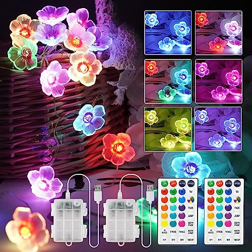 StarryEver LED Bunt Lichterkette Blumen,4M 40er USB & Batterie LED Blume Lichterkette Innen, 16 Farben 7 Modi LED Lichterkette für Zimmer mit Fernbedienung für Garten Kinderzimmer Valentinstag 2 Stück