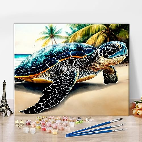 Tortue de mer Peinture par numéros pour adultes avec pinceaux Plage Peinture à l'huile par numéros Adultes Peinture par numéros Kits sur toile Artisanat pour la maison Cadeaux 40 x 50 cm (Sans cadre)