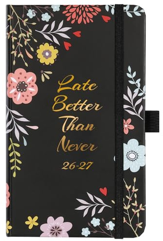 Taschenkalender 2024 - Terminplaner 2024 Wochenansicht A6, Januar 2024 - Dez 2024, Innentasche, Stifthalter, 10 Notizseiten, Schwarz und Blumen, 16,1 x 9,6 cm