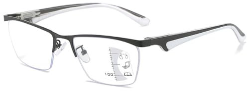 ABETOS Progressive Multifokale Lesebrille Anti Blaulicht Sehhilfe Lesehilfe Keine Linie Metall Halbrand Federscharnier Computer Multifokus Lesebrillen für Herren Damen( Schwarz + Weiß,1.5)