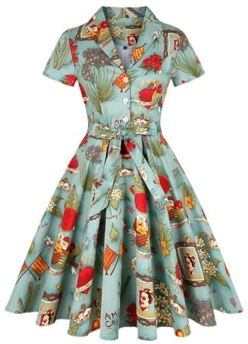Robe Vintage à Carreaux Rouge Ceinturée Tunique Femmes Vêtements Élégants Manches Courtes Années 50 Hepburn Rétro Swing Rockabilly Robes en Coton-Vert-L