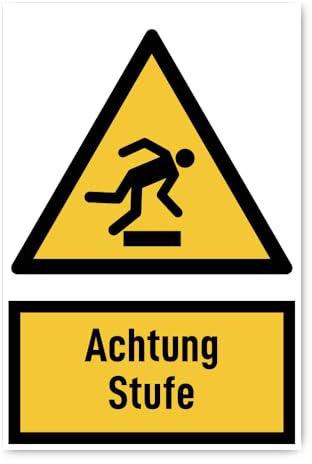 Aufkleber: 300x200 mm, 1 Stück - Achtung Stufe - Warnzeichen mit Text (deutsch) (gelb/schwarz) - hochkant - W007 - DIN EN ISO 7010 / ASR A1.3