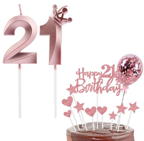 Bolosa 21st Birthday Decorations Set - 21st Birthday Cake Topper & Number 21 Candle (Rose Gold, Number 21)