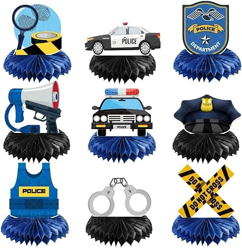 9 piezas de insignia de uniforme de coche de policía, centro de mesa de panal para adolescentes, niños, cumpleaños, hombre, fiesta azul, oficial de policía, cumpleaños, graduación, graduación,