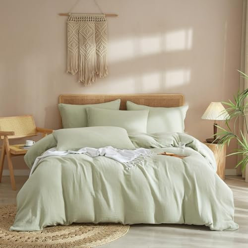 Luofanfei Baumwolle Muslin Bettwäsche 135x200 Grün Hellrün Renforce Uni Sommer Kühlende Bettwäsche Set Boho Weiche Bettbezug Knitterlook Bügelfrei mit Reißverschluss und Kissenbezug 80x80cm