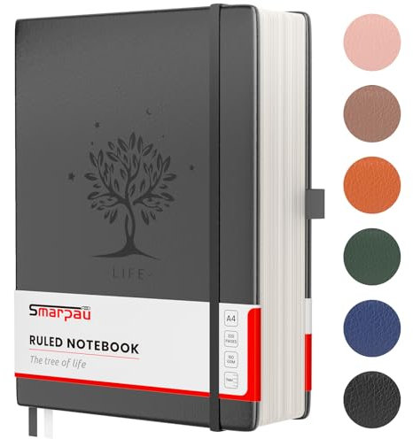 Smarpau Notizbuch A4 Lined Journal, Hardcover Leder Journal mit 320 Seiten 100gsm dickes Papier, Notizbücher für Erwachsene Arbeit, Schreiben, Notizen, Lernen, Reisen, 21.5 x 28cm - Schwarz