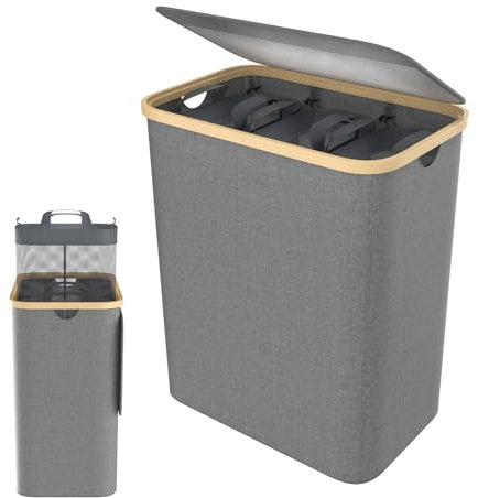 XINZI Wäschekorb mit Deckel, Faltbar Wäschesammler 3 Fächer Wäschesortierer mit Abnehmbarem Wäschesack Griffen Wäschebox Laundry Baskets für Waschküche, Schlafzimmer,140L (Grau)